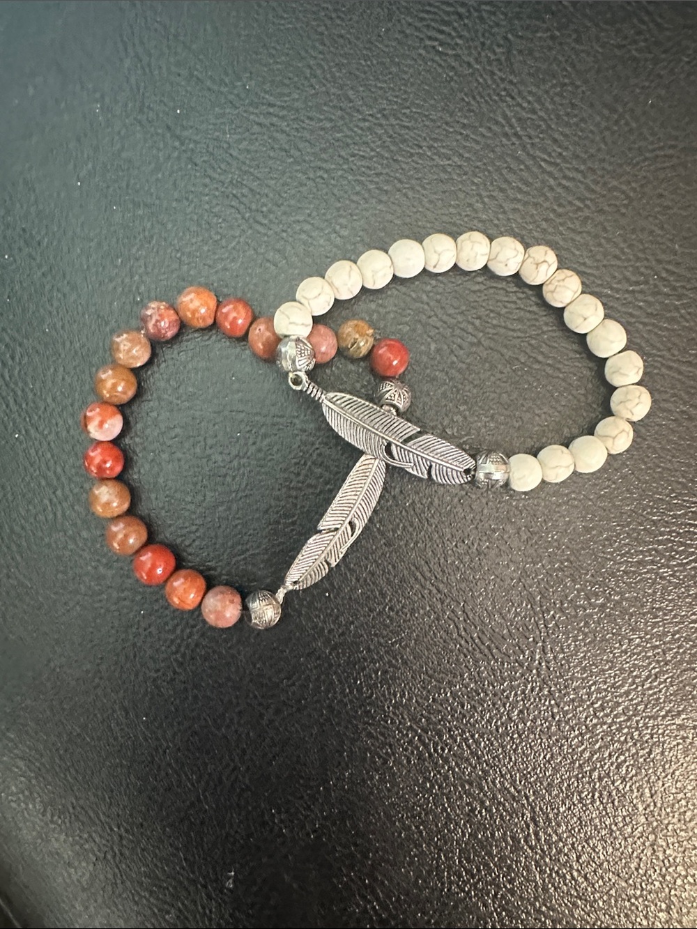 Men’s Pair of Beaded Bracelets with Feather Details